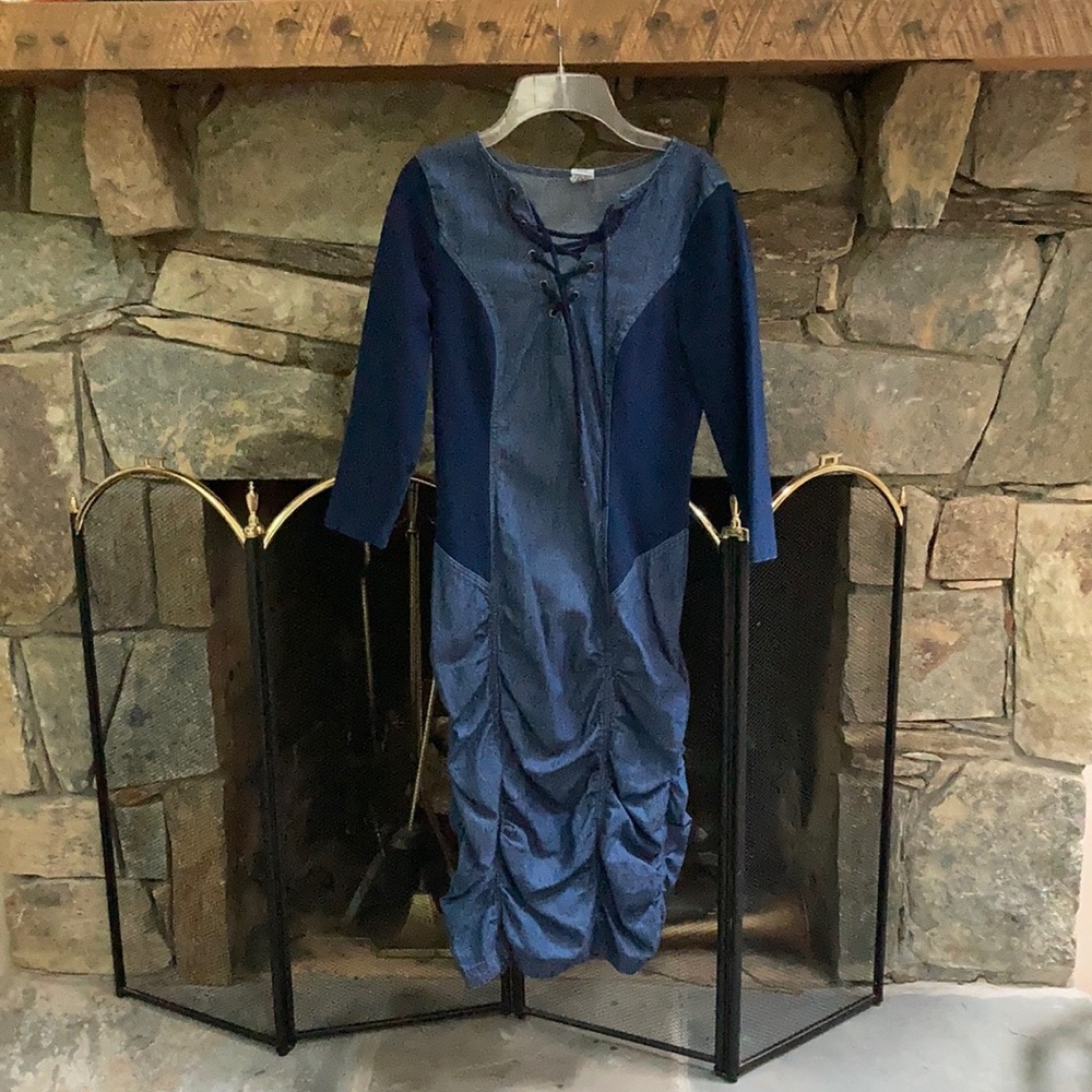 [XCVI] Ruched Lace-up Denim Dress